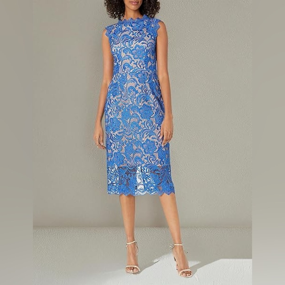 NWT Dress The Population Claudette Lace Dress XL Cobalt Blue Nude Midi Cocktail